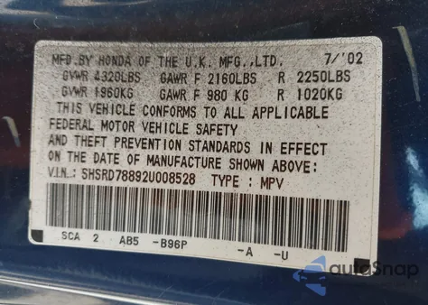 2002 Honda Cr-V Ex from USA, damaged, VIN SHSRD78892U008528